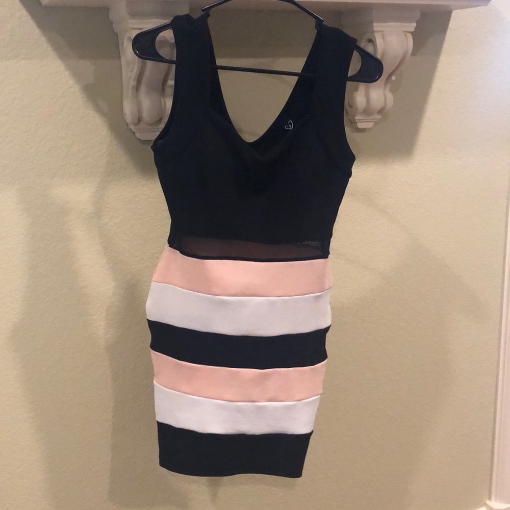 Black dress with pink and white straps